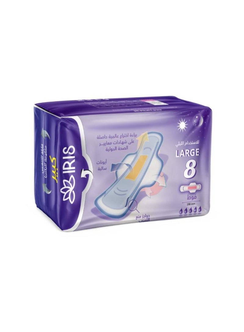 Iris New Generation Pads with Advanced Absorbency Technology - Overnight Use, Large Size, 8 Pack - Image 1